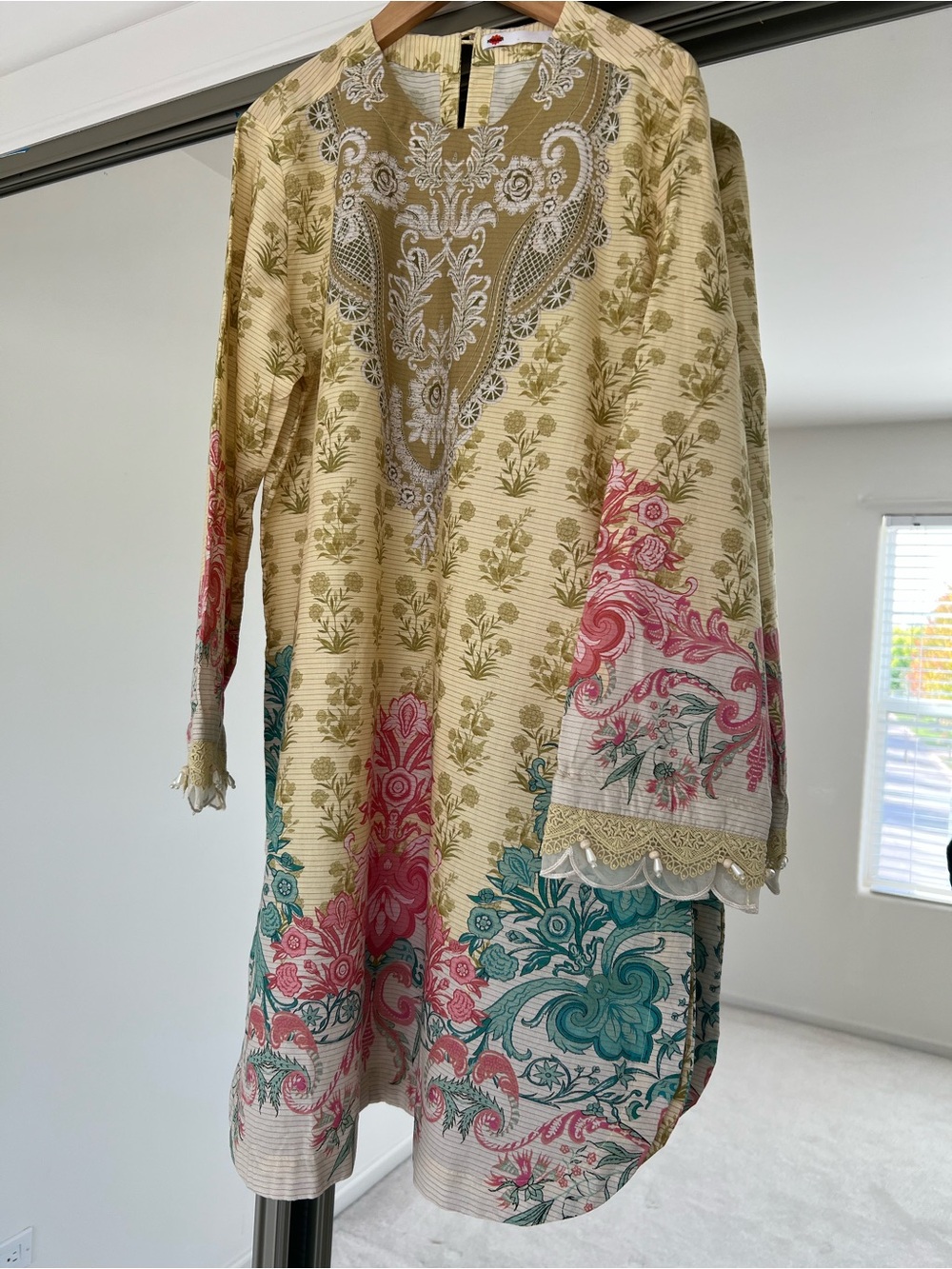 3 Piece Khaadi Long Sleeve Tunic Dress in Beige with Pink & Teal Accen